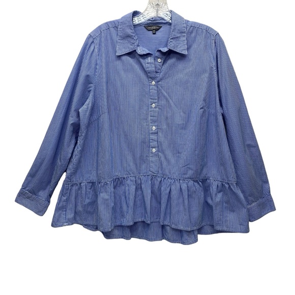 Hannah Plus Size Women 1X Top Blue White Stripe Ruffle Bottom Button up Peplum - Picture 1 of 11